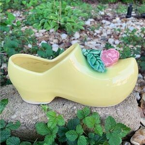 Mccoy Yellow Ceramic Shoe Planter with Pink and Green Accents